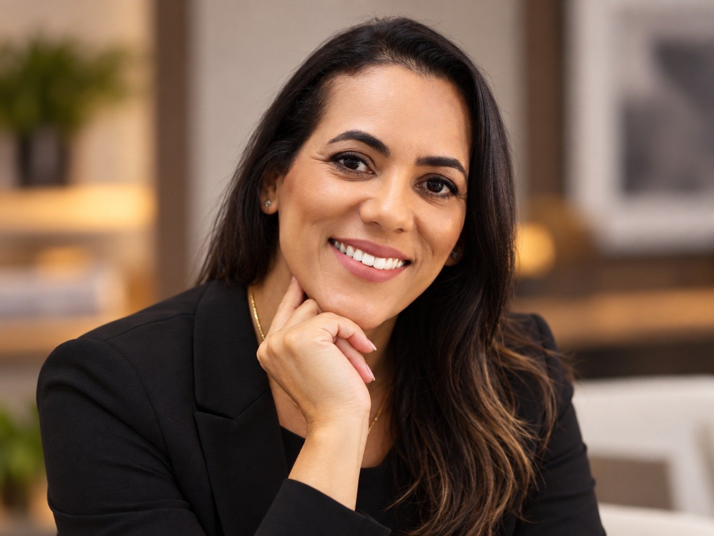 Retrato de Cecília sorrindo com a mão no queixo